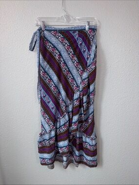Boho Wrap Maxi Skirt in Blue and Burgundy Floral Stripe